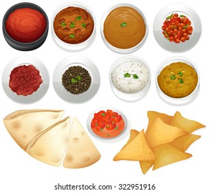 Different Kind Of Chips And Dips Illustration