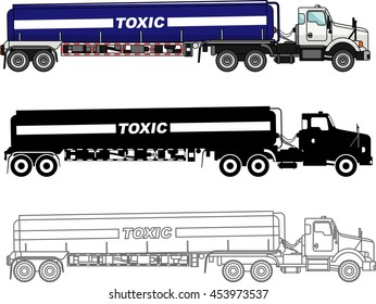 Different kind cistern trucks carrying chemical, radioactive, toxic, hazardous substances isolated on white background in flat style: colored, black silhouette and contour. Vector illustration.