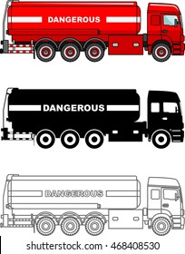 Different kind cistern trucks carrying chemical, radioactive, toxic, hazardous substances isolated on white background in flat style: colored, black silhouette and contour. Vector illustration.