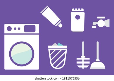 Different kind of cleaning icons. Flat style vector illustration isolated on purple background.