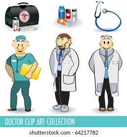 Different kind of  doctors: surgeon, psychiatric and the hospital doctor along with their equipment. Vector illustration image.