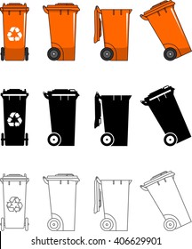 Different kind dumpsters isolated on white background in flat style: colored, black silhouette and contour. Vector illustration. Detailed illustration of dumpsters isolated on white background.