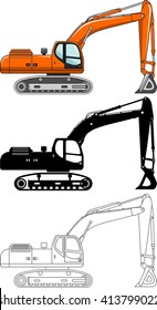 Different kind excavators isolated on white background in flat style: colored, black silhouette and contour. Vector illustration. Heavy equipment and machinery. Heavy construction and mining machines.