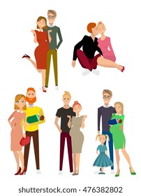 different kind of families. Different family special needs children. Different family lifestyle baby husband kid and friendship parents set.