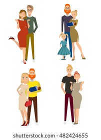 different kind of families. Different family special needs children. Different family lifestyle baby husband kid and friendship parents set.