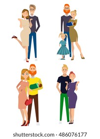 different kind of families. Different family special needs children. Different family lifestyle baby husband kid and friendship parents set.
