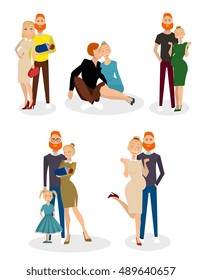 different kind of families. Different family special needs children. Different family lifestyle baby husband kid and friendship parents set.