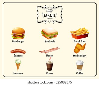 Different kind of fastfood on menu