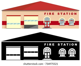 Different kind fire station building isolated on white background in flat style: colored and black silhouette. Vector illustration.