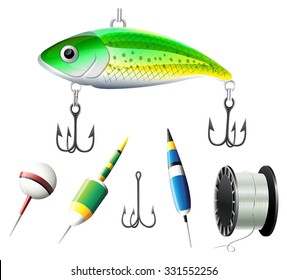 Different kind of fishing equipments illustration