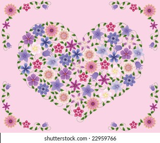 Different kind of flowers in a shape of a heart on a pink background.