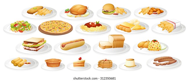 Different kind of food on plates illustration