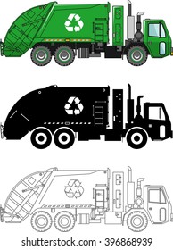 Different kind garbage trucks isolated on white background in flat style: colored, black silhouette and contour. Vector illustration. Detailed illustration of garbage trucks isolated.