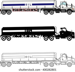 Different kind gasoline trucks isolated on white background in flat style: colored, black silhouette and contour. Vector illustration. Detailed illustration of classic gasoline trucks in a flat style.