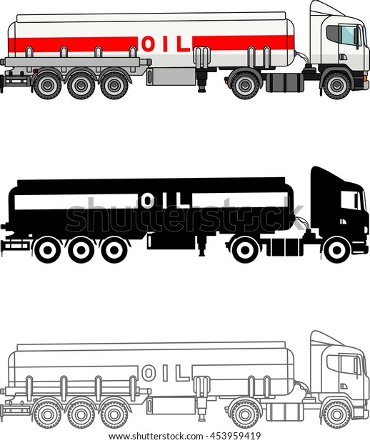 Different kind gasoline trucks isolated on\
white background in flat style: colored, black silhouette and\
contour. Vector\
illustration.