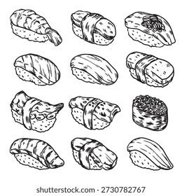  Different kind of hand drawn Sushi outline drawing illustration