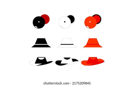 Different kind of hat, normal hat, triangle hat, cowboy hat.Black, white, orange color.Vector illustrations isolated on white background.
