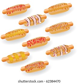 different kind of hot dogs on the white background