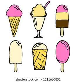 Different kind of ice cream isolated on white background. Hand drawn vector illustration