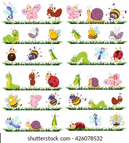 Different kind of insects on grass illustration