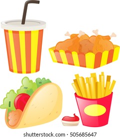 Different kind of junk food and soft drink illustration