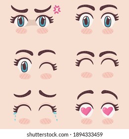 Diferentes tipos de iconos vectoriales de ojos de manga. Ilustración vectorial de estilo plano aislada en fondo blanco.