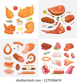 Different kind of meat food icons set vector. Raw ham, set grill chiken, piece of pork, meatloaf, whole leg, beef and sausages.