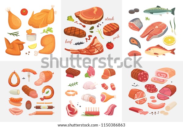 Different kind of meat food icons set\
vector. Raw ham, set grill chiken, piece of pork, meatloaf, whole\
leg, beef and sausages. Salmon fish and\
seafood.
