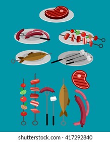 Different kind of meat on the grill illustration. picnic or Bbq party. Food and barbeque, summer and grill