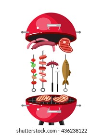 Different kind of meat on the grill illustration. picnic or Bbq party. Food and barbeque, summer and grill