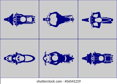 Different kind motorcycle with riders top view icon set