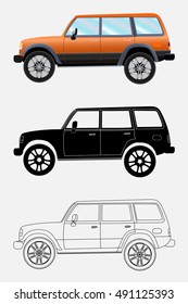 Different kind off-road vehicle on a white background: colored, black silhouette, contour. Vector illustration