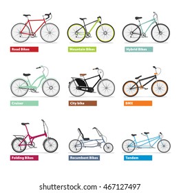 Different kind os bicycles, colour silhouettes set. Vector modern illustrations set and design elements on white background.