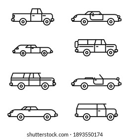 Different kind of outlined cars vector icons. Flat style vector illustration isolated on white background.