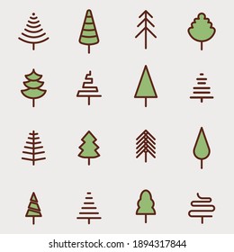 Different kind of outlined tree elements vector icons. Flat style vector illustration isolated on white background.