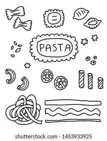 Different kind of pasta vector illustration. Italian food hand drawn doodle icons.
