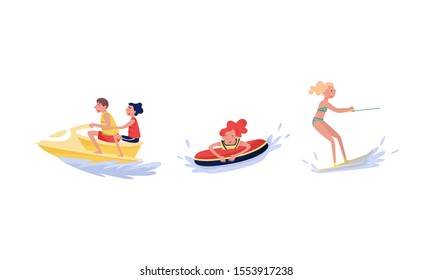 Different Kind Of People Having Fun Of Water Leisure Sport Activity Vector Illustration Set