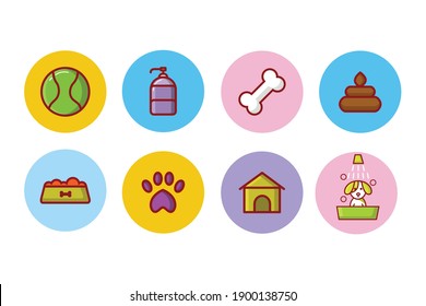 Different kind of pet supply icons. Flat style vector illustration isolated on white background.