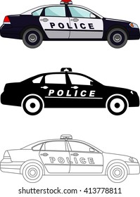 Different kind police cars isolated on white background in flat style: colored, black silhouette and contour. Vector illustration. Detailed illustration of police cars isolated on white background.