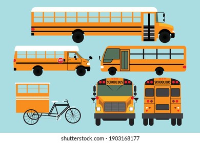 Different kind of School Bus vector set. Flat style vector illustration isolated on blue background. Yellow School Bus viewed from different angles vector set