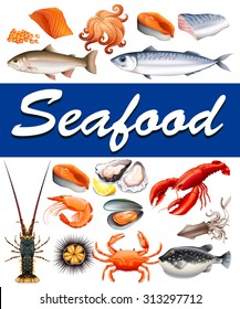 Different kind of seafood and text illustration