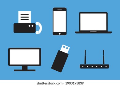 Different kind set of Communication and Data storage devices vector icons. Flat style vector illustration isolated on blue background.