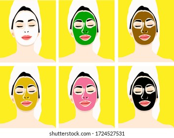 Different Kind Of Or Set Of Face Packs Applied For Skin Care, Self Care Vector Art. Editable Eps Available 