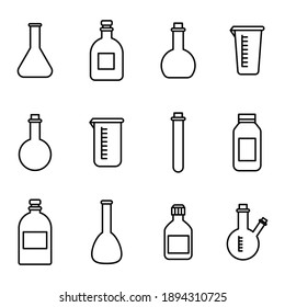 Diferente tipo de conjunto de vasos de laboratorio iconos vectoriales. Ilustración vectorial de estilo plano aislada en fondo blanco.