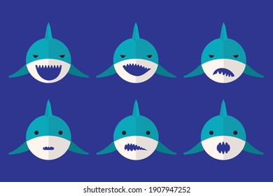 Different kind of shark faces vector icons. Flat style vector illustration isolated on blue background.