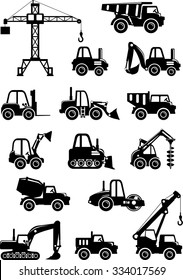 Different kind of silhouette toys heavy equipment and machinery isolated on white background. Vector illustration.