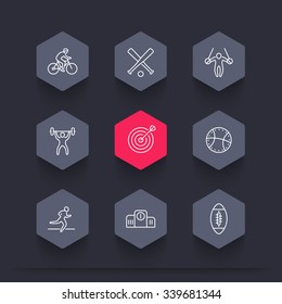 different kind of sports, line hexagon icons, cycling, gymnastic, archery, football, vector illustration
