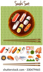 Diferente tipo de ilustración de rollo de sushi