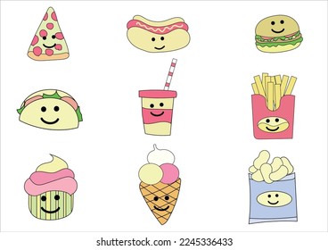 Different kind of sweet and bakery icons.such as ice cream,cake,smoothies,bread,Pizza.Set of desserts and bakery on white background.
