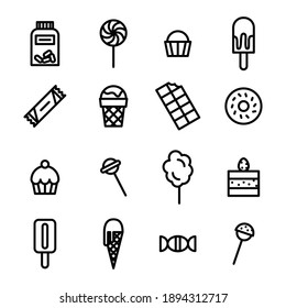 Different kind of sweets and chocolate icons. Flat style vector illustration isolated on white background.